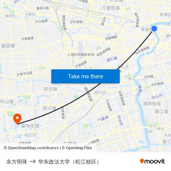 东方明珠 to 华东政法大学（松江校区） map