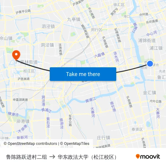 鲁陈路跃进村二组 to 华东政法大学（松江校区） map