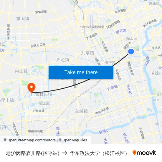 老沪闵路嘉川路(招呼站) to 华东政法大学（松江校区） map