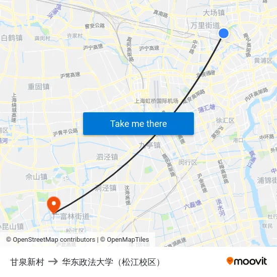 甘泉新村 to 华东政法大学（松江校区） map