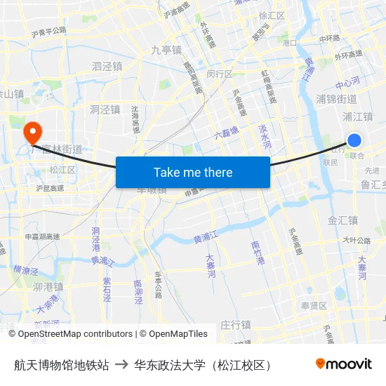 航天博物馆地铁站 to 华东政法大学（松江校区） map