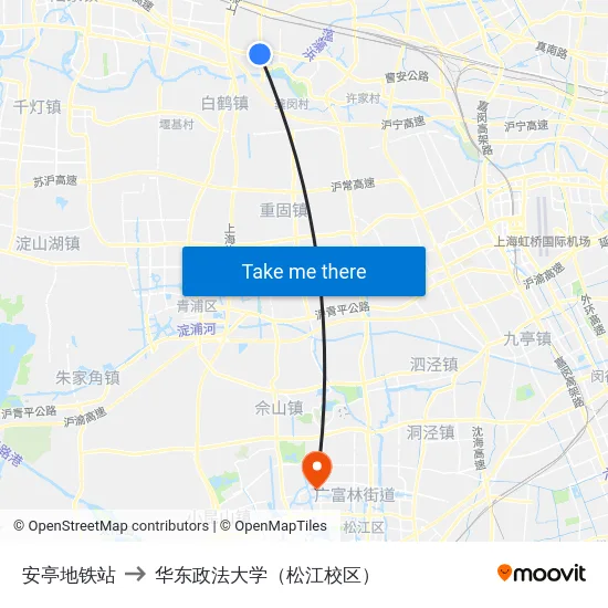 安亭地铁站 to 华东政法大学（松江校区） map
