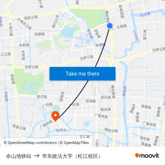 佘山地铁站 to 华东政法大学（松江校区） map