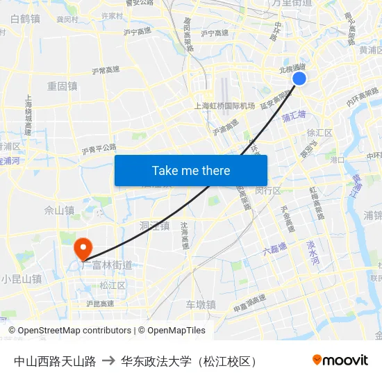 中山西路天山路 to 华东政法大学（松江校区） map