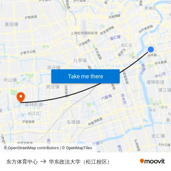 东方体育中心 to 华东政法大学（松江校区） map