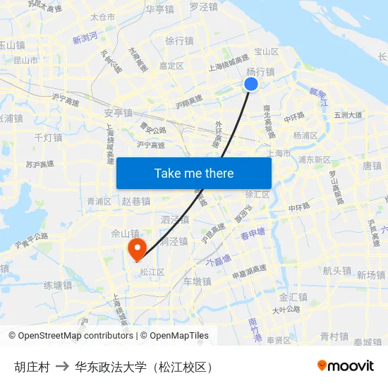 胡庄村 to 华东政法大学（松江校区） map