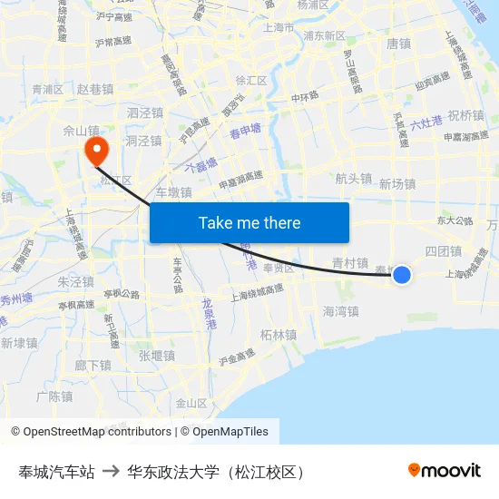奉城汽车站 to 华东政法大学（松江校区） map