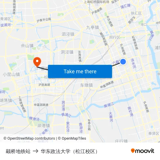 颛桥地铁站 to 华东政法大学（松江校区） map