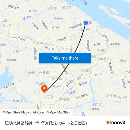 江杨北路富锦路 to 华东政法大学（松江校区） map