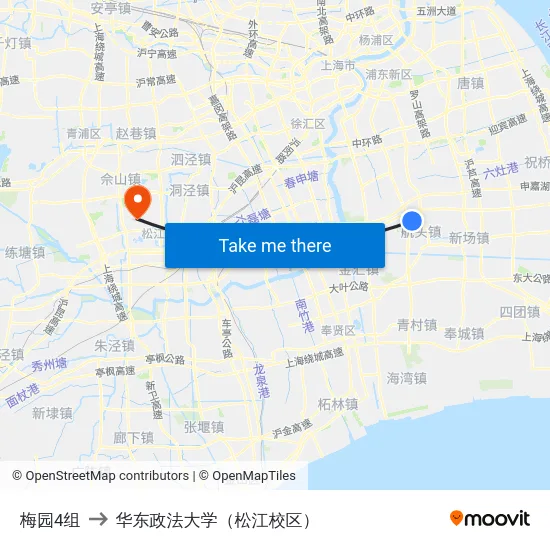 梅园4组 to 华东政法大学（松江校区） map