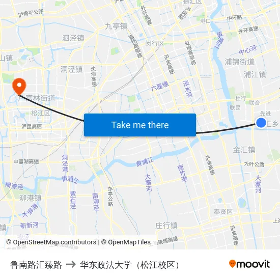 鲁南路汇臻路 to 华东政法大学（松江校区） map