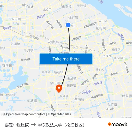 嘉定中医医院 to 华东政法大学（松江校区） map