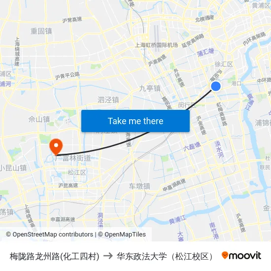 梅陇路龙州路(化工四村) to 华东政法大学（松江校区） map