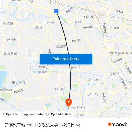 安亭汽车站 to 华东政法大学（松江校区） map