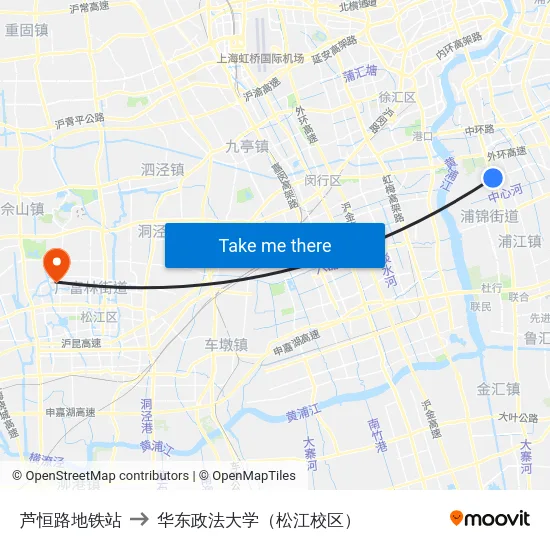 芦恒路地铁站 to 华东政法大学（松江校区） map