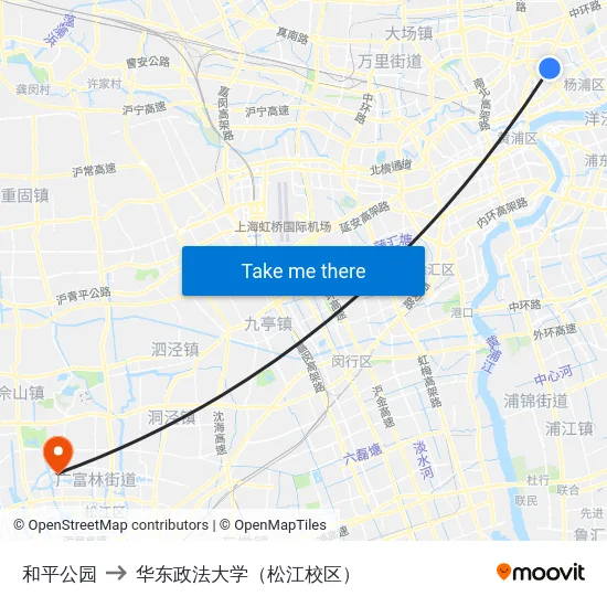 和平公园 to 华东政法大学（松江校区） map