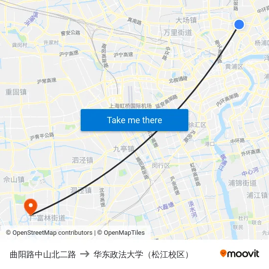 曲阳路中山北二路 to 华东政法大学（松江校区） map