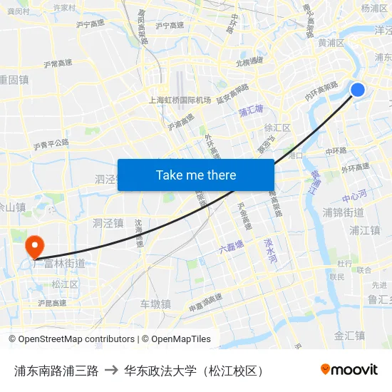浦东南路浦三路 to 华东政法大学（松江校区） map