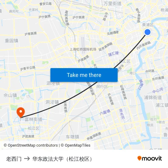老西门 to 华东政法大学（松江校区） map