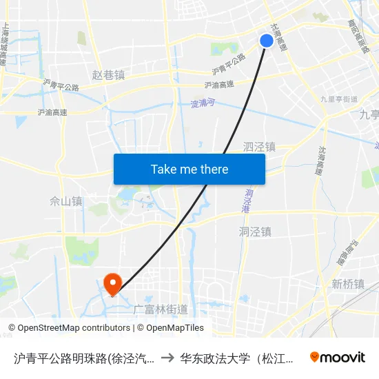 沪青平公路明珠路(徐泾汽车站) to 华东政法大学（松江校区） map
