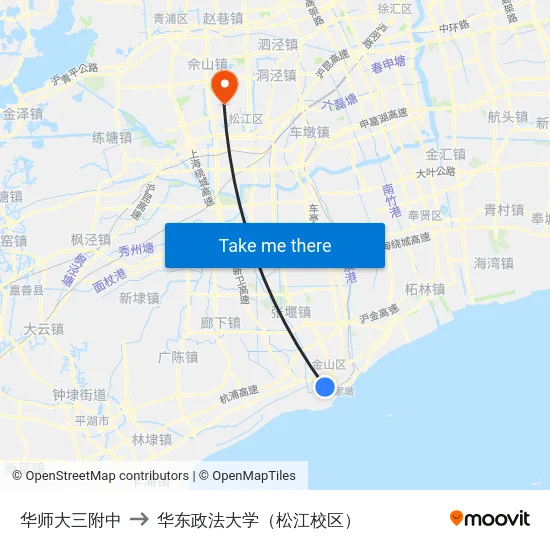 华师大三附中 to 华东政法大学（松江校区） map