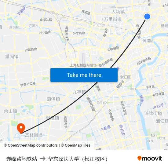 赤峰路地铁站 to 华东政法大学（松江校区） map