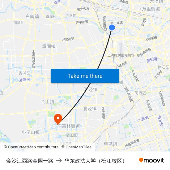 金沙江西路金园一路 to 华东政法大学（松江校区） map