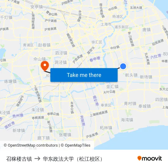 召稼楼古镇 to 华东政法大学（松江校区） map