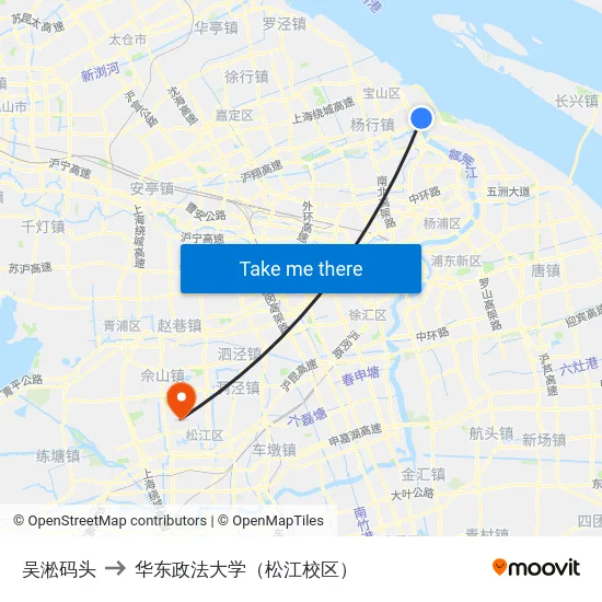 吴淞码头 to 华东政法大学（松江校区） map
