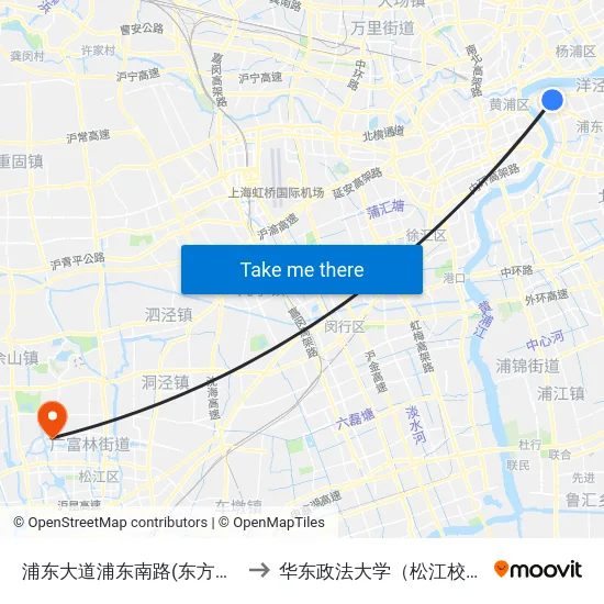 浦东大道浦东南路(东方医院) to 华东政法大学（松江校区） map