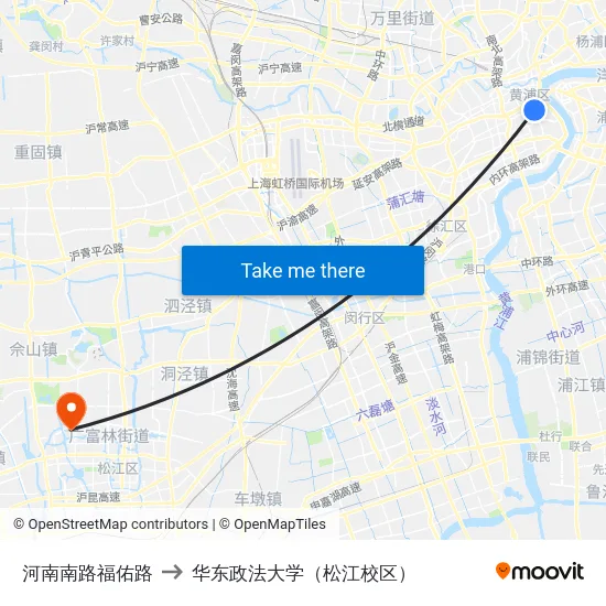 河南南路福佑路 to 华东政法大学（松江校区） map