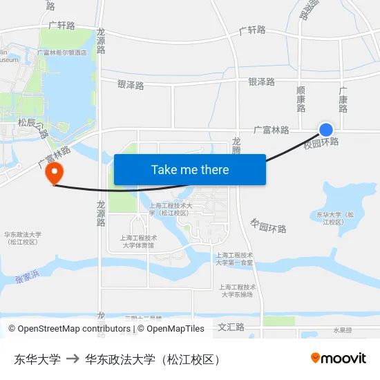 东华大学 to 华东政法大学（松江校区） map