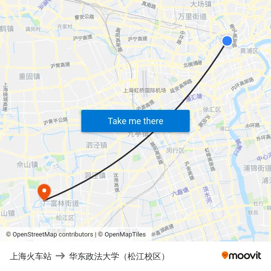上海火车站 to 华东政法大学（松江校区） map