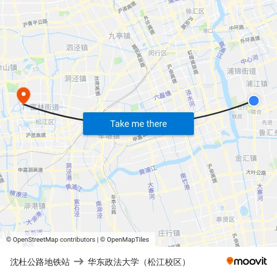沈杜公路地铁站 to 华东政法大学（松江校区） map