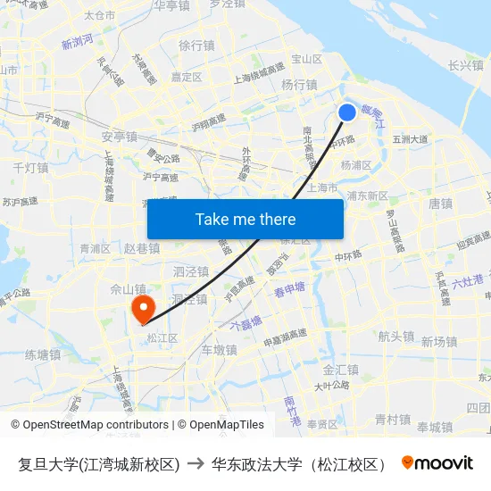 复旦大学(江湾城新校区) to 华东政法大学（松江校区） map