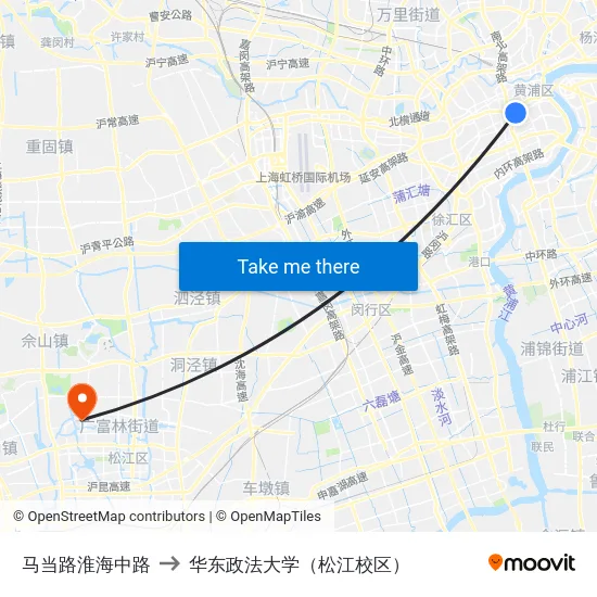 马当路淮海中路 to 华东政法大学（松江校区） map