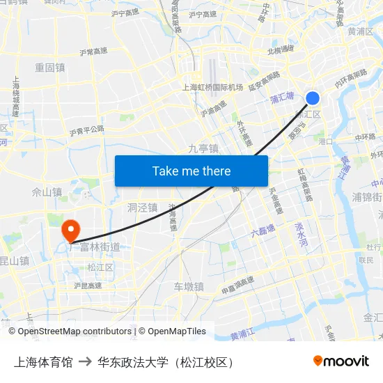 上海体育馆 to 华东政法大学（松江校区） map