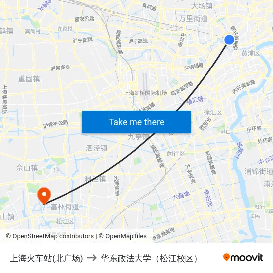 上海火车站(北广场) to 华东政法大学（松江校区） map