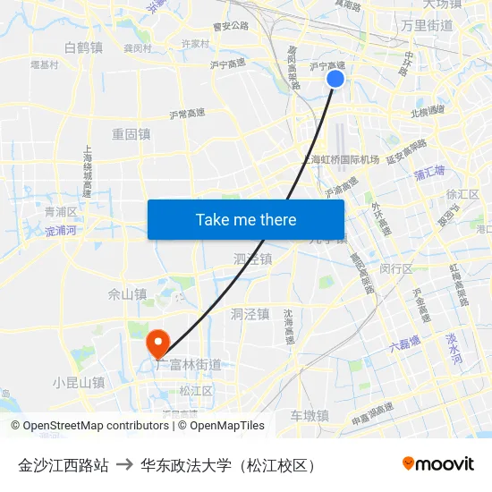 金沙江西路站 to 华东政法大学（松江校区） map
