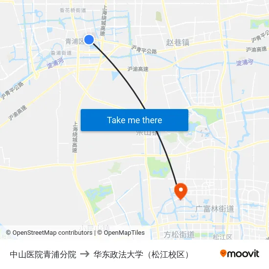 中山医院青浦分院 to 华东政法大学（松江校区） map