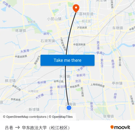 吕巷 to 华东政法大学（松江校区） map
