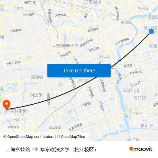 上海科技馆 to 华东政法大学（松江校区） map