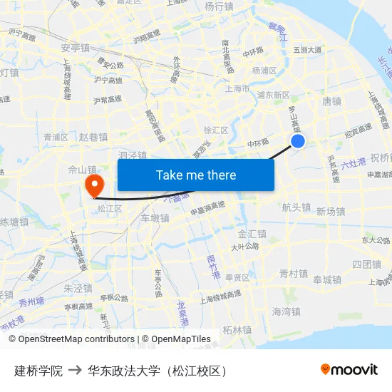 建桥学院 to 华东政法大学（松江校区） map