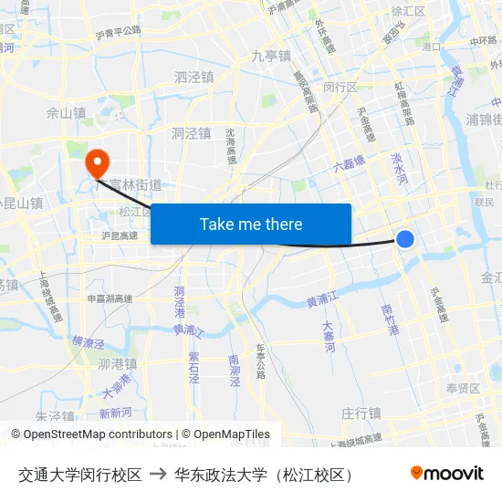 交通大学闵行校区 to 华东政法大学（松江校区） map