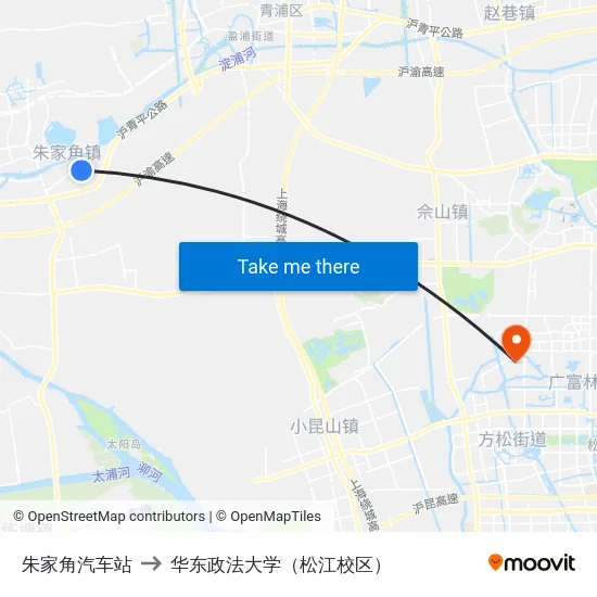 朱家角汽车站 to 华东政法大学（松江校区） map