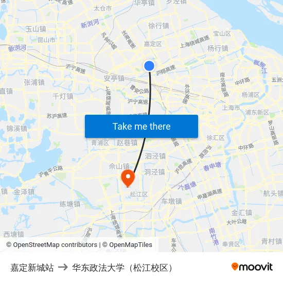 嘉定新城站 to 华东政法大学（松江校区） map