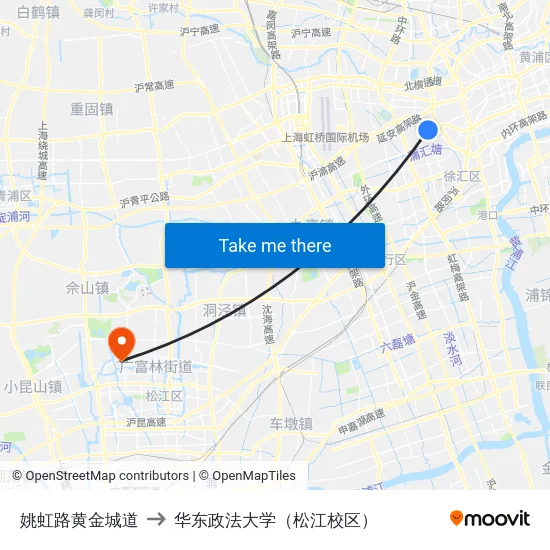 姚虹路黄金城道 to 华东政法大学（松江校区） map