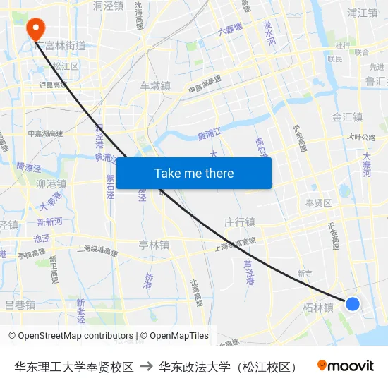 华东理工大学奉贤校区 to 华东政法大学（松江校区） map