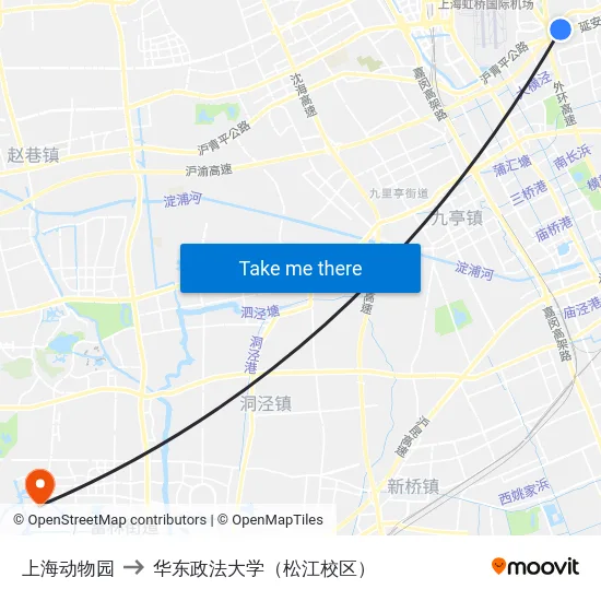 上海动物园 to 华东政法大学（松江校区） map
