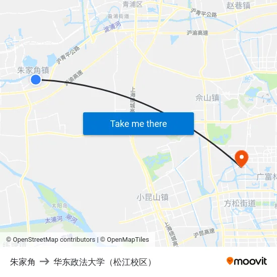 朱家角 to 华东政法大学（松江校区） map